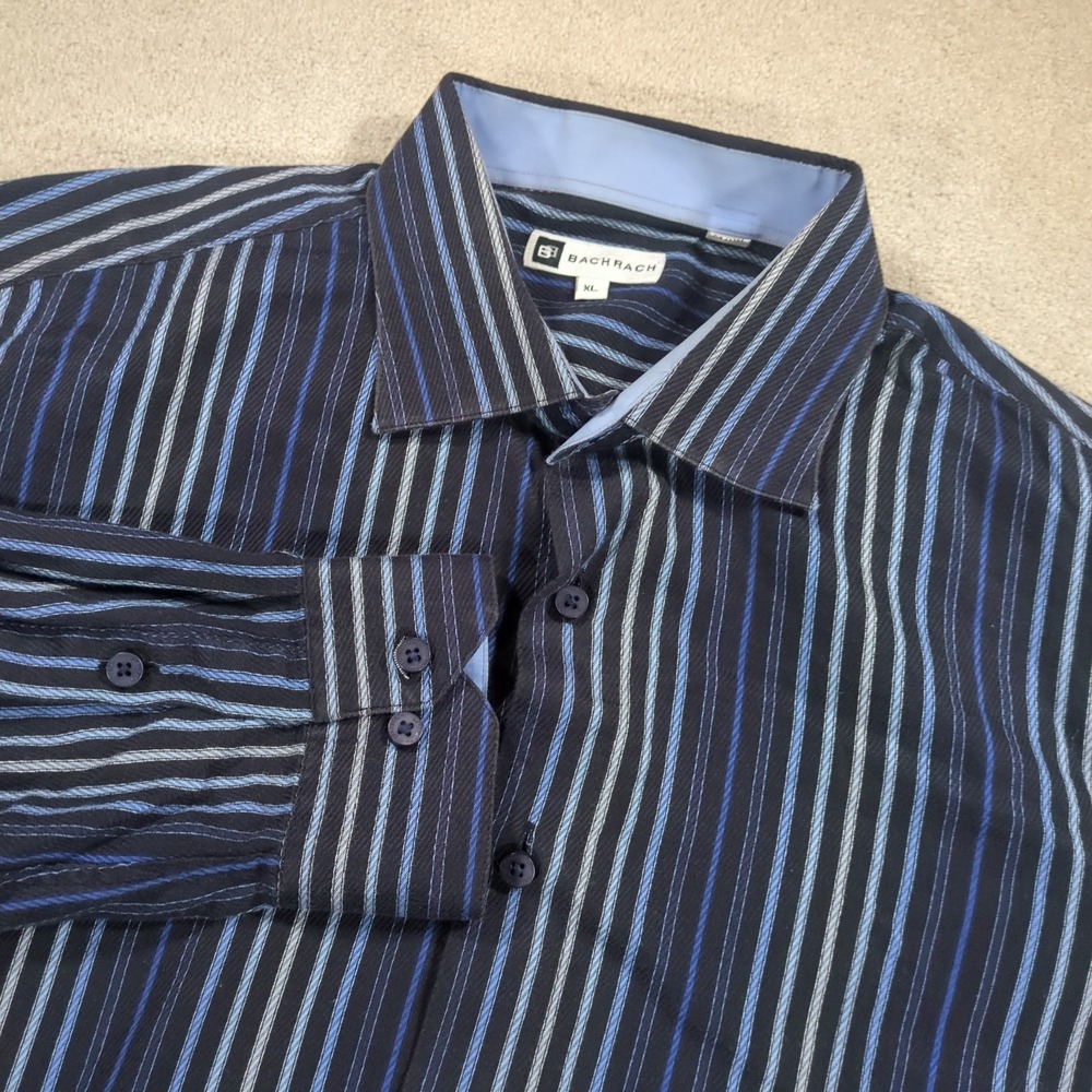 Bachrach Black Blue Striped 100% Cotton Button-Up Shirt Men's XL‎ Casual